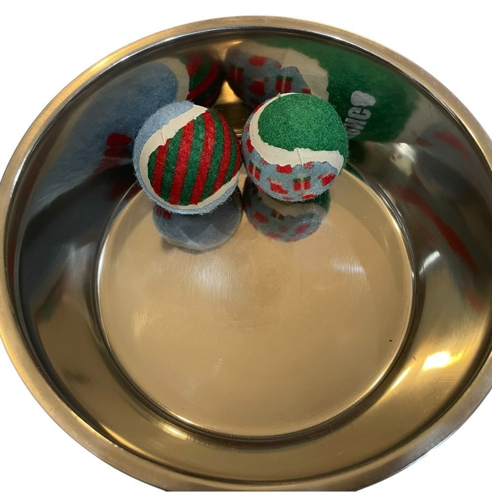Black Dog Bowl with Bone Design plus two balls and lightweight ruffled frock - Picture 3 of 5